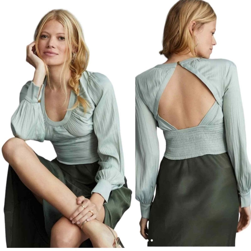 ANTHROPOLOGIE SAGE GREEN BLOUSON OPEN BACK BLOUSE XL